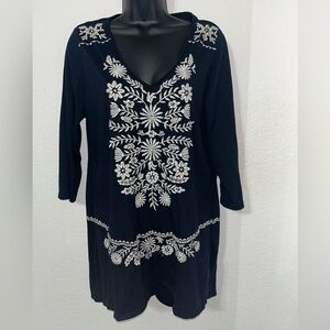 Johnny Was JW Black Cotton Dress with Crème Embroidery